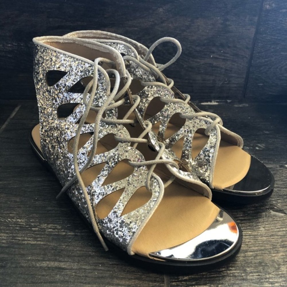 BNIB Silver Lace Sandals Lace Up Crochet Strap